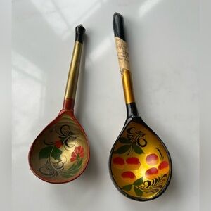 vintage Russian khokhloma spoons hand carved painted 1980s Folk Art New set of 2